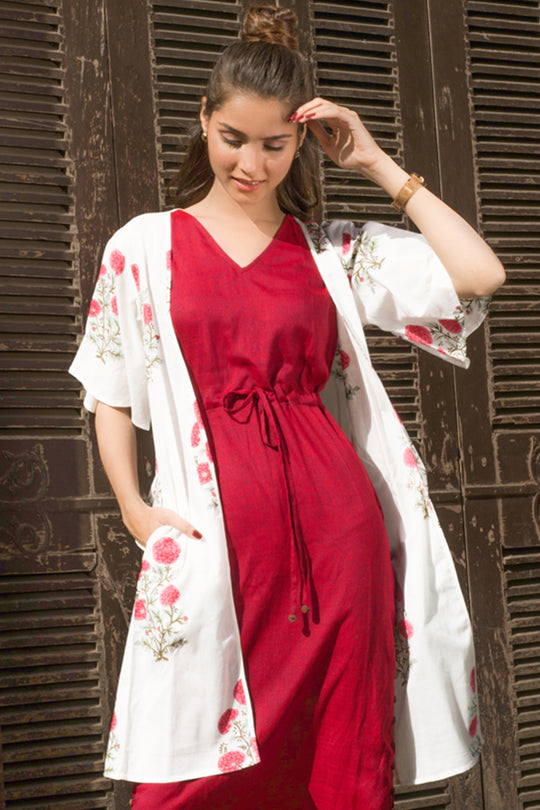 Mahira Maxi and White Block Print Shrug Set - Red