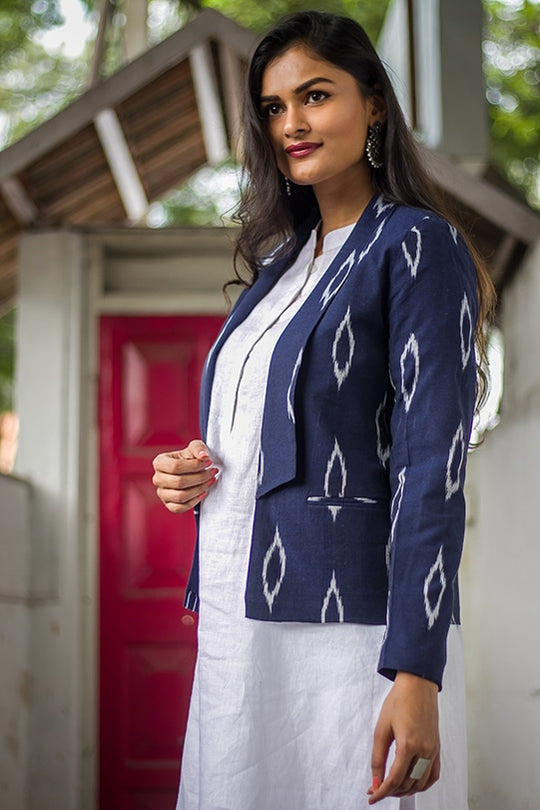 Sonnet Handloom Ikat Jacket - Blue