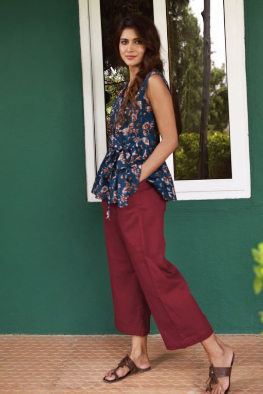 Myla Indigo Floral Top & Ruby Red Pants Set