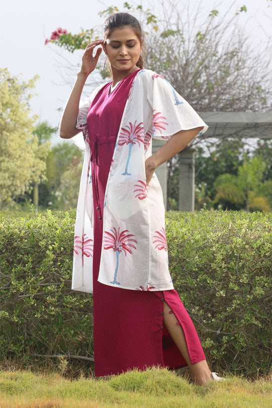 Mahira Magenta Maxi Dress & White Block Print Shrug