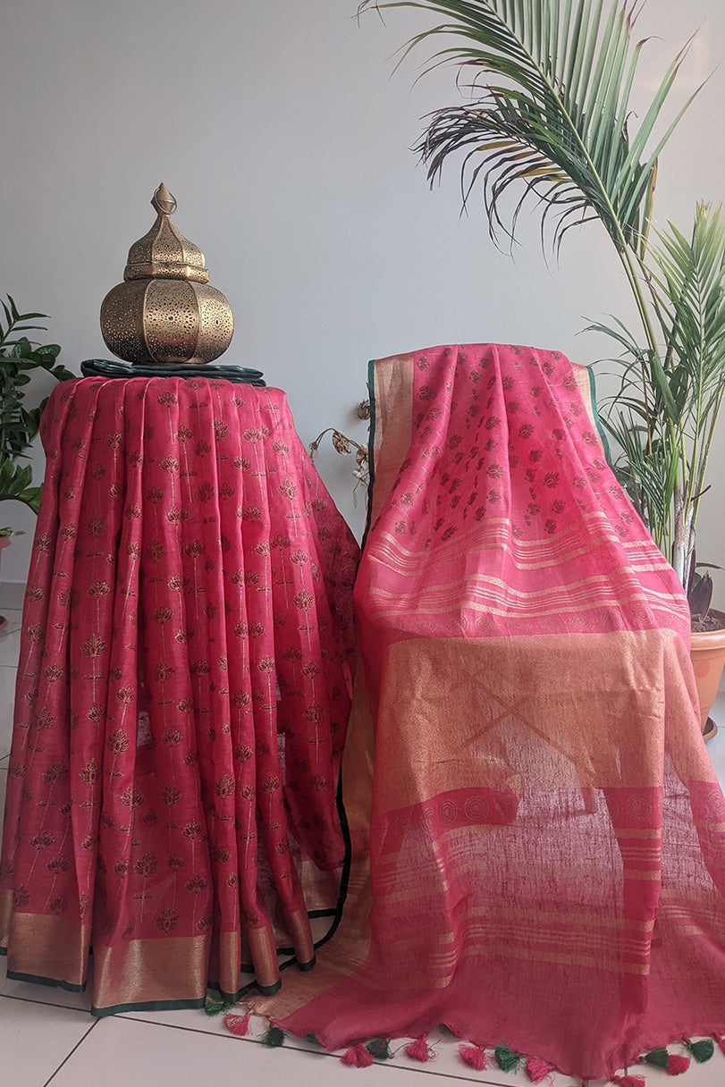 Manya Lotus-stem Two-tone Printed Cotton Linen Saree