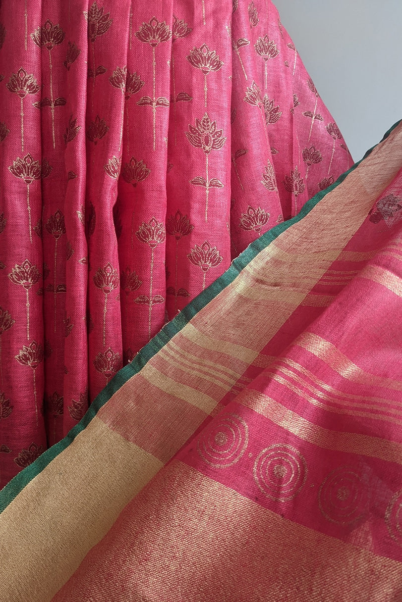 Manya Lotus-stem Two-tone Printed Cotton Linen Saree