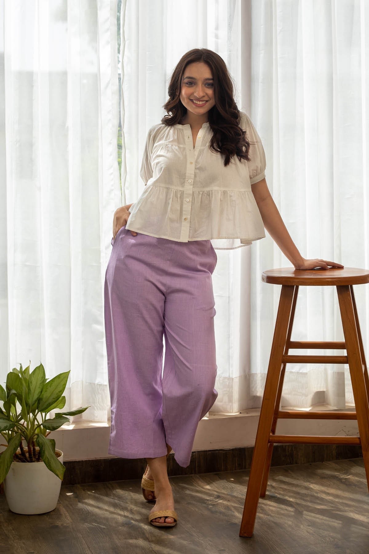 Sasha Cotton Ivory Tiered Top and Lilac Straight Pants - Set