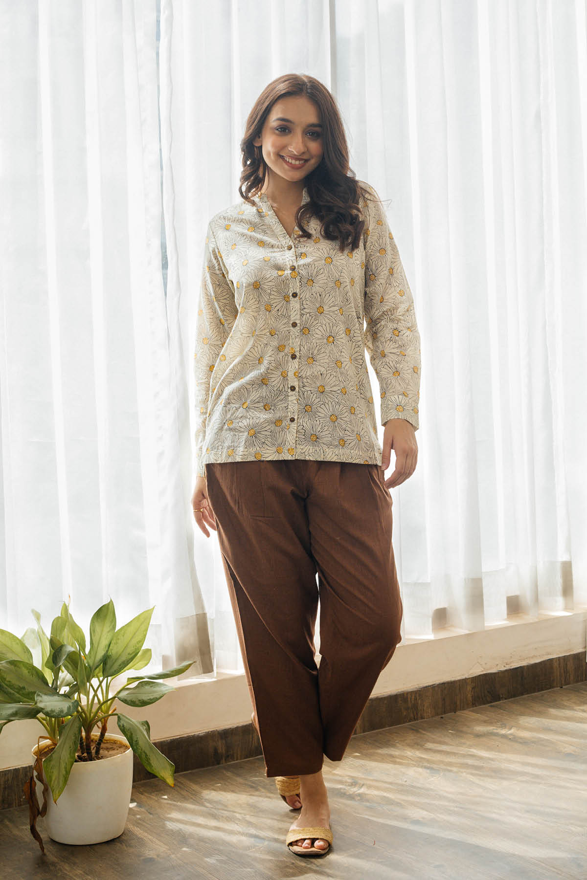 Rylie Cotton Block Print Shirt and Brown Pleated Pants - Set