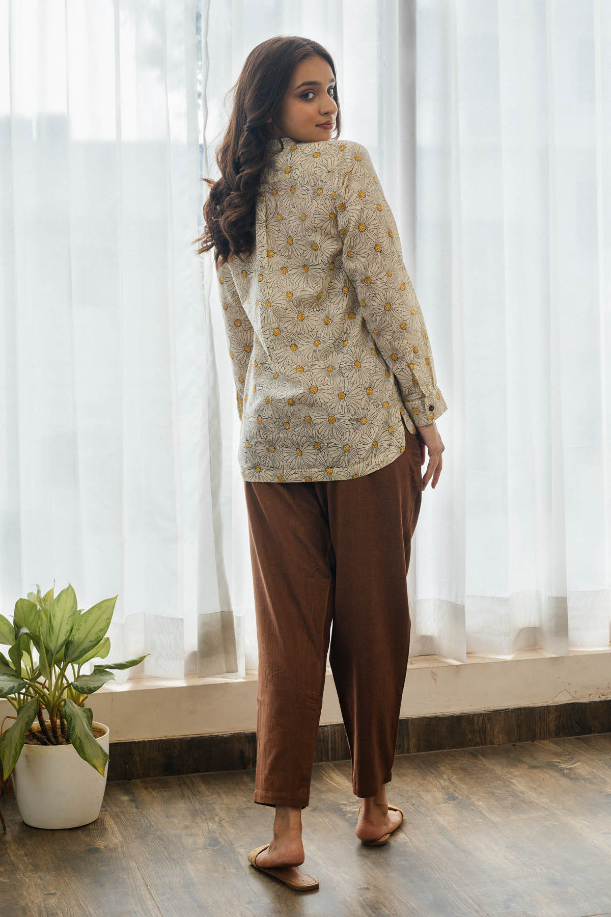 Rylie Cotton Block Print Shirt and Brown Pleated Pants - Set