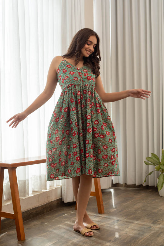 Ariana Block Print Spaghetti Strap Gathered Dress - Teal