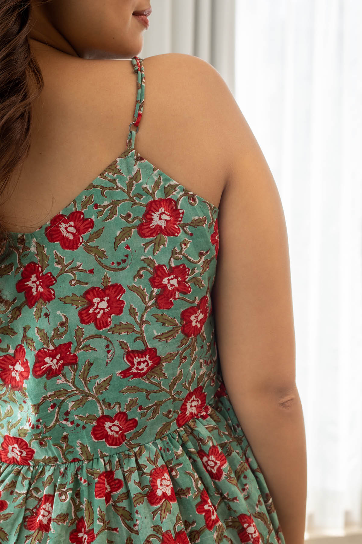 Ariana Block Print Spaghetti Strap Gathered Dress - Teal