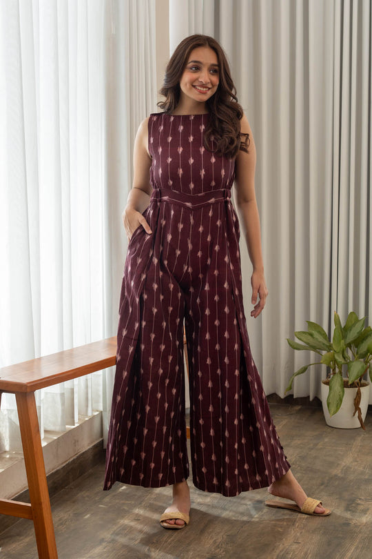Aubree Handloom Ikat Overlap Jumpsuit - Maroon