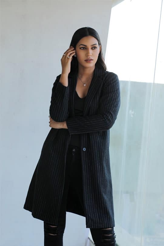 Esther Black Wool Pinstripe Coat front view-1