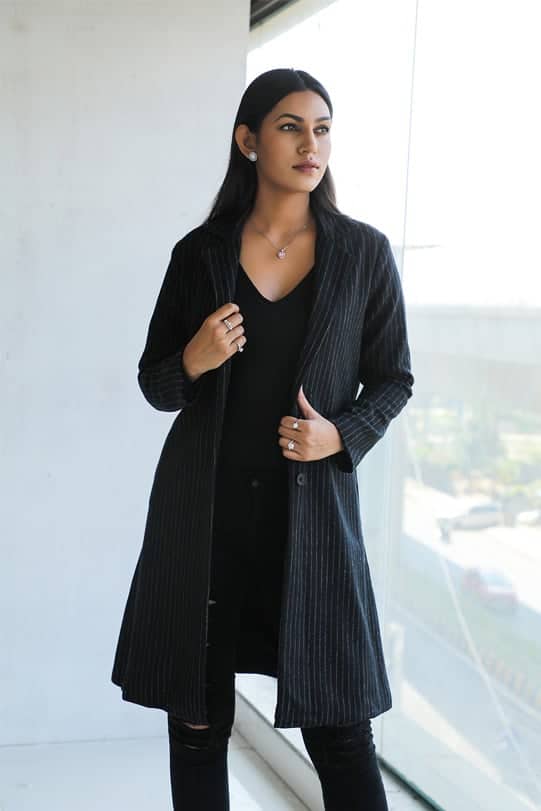 Esther Black Wool Pinstripe Coat front view