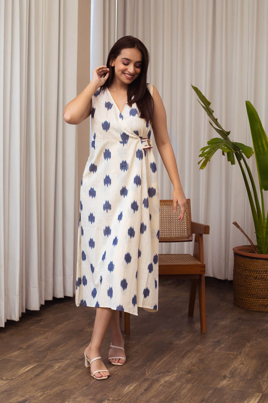 Emmy Handloom Ikat Wrap Maxi - Ivory/Navy