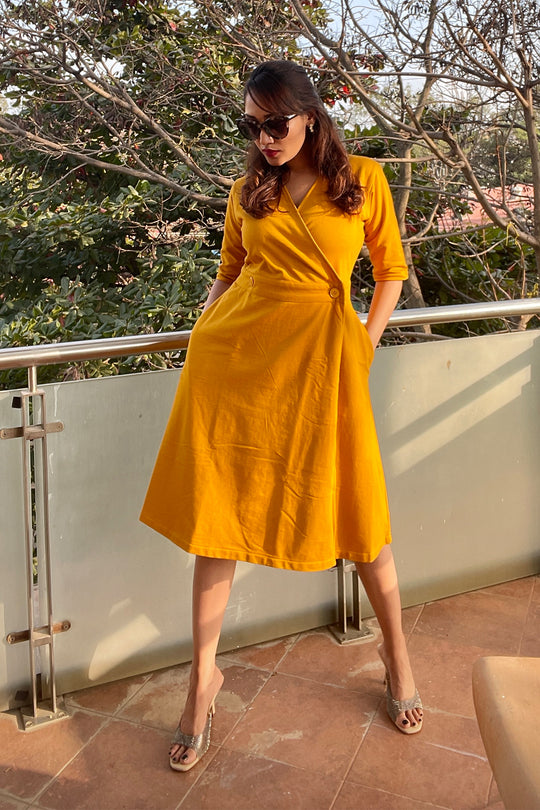 Magnolia Buttoned Wrap Dress - Mustard