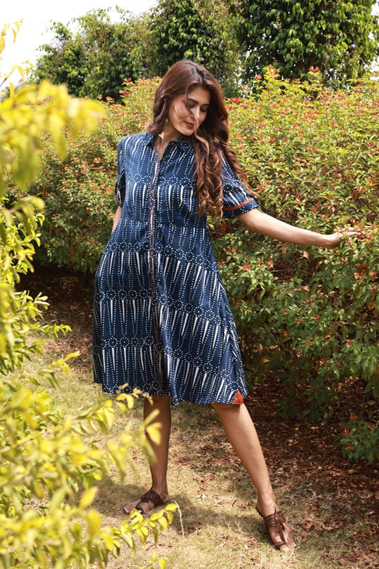 Edith Indigo Block-Print Shirt Dress