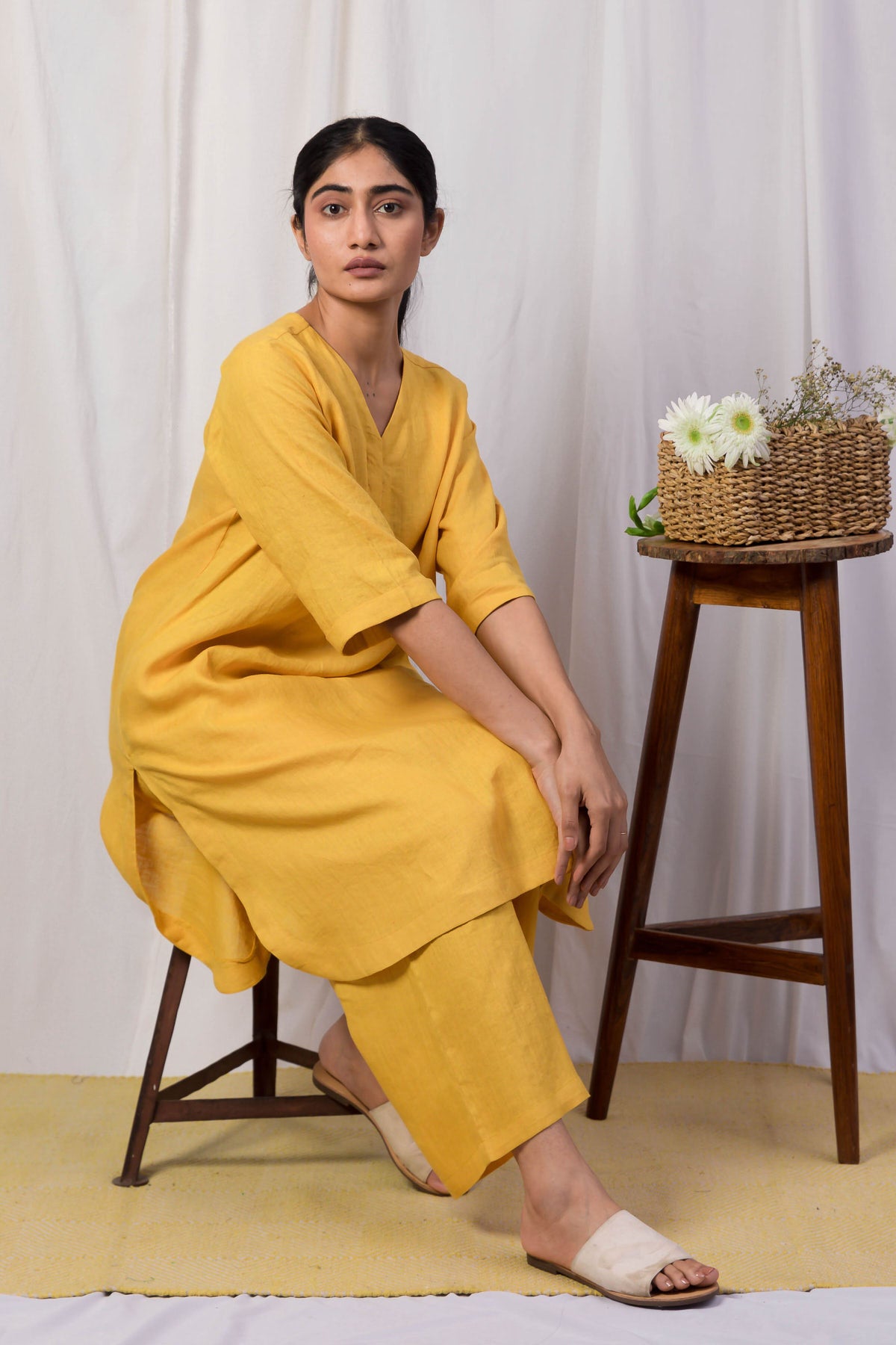 Rhea Linen Kurta and Pants Set - Yellow