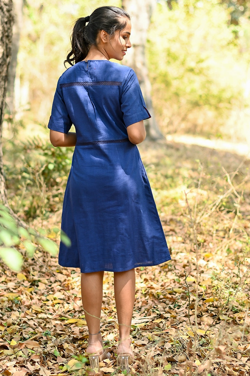 Sanya Navy Cotton Linen Lace Yoke Dress
