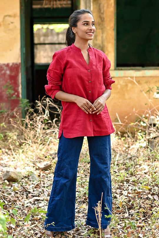 Millie Linen Boxy Shirt - Maroon