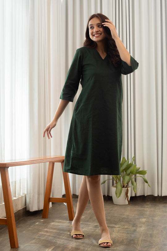 Inaya Cotton Linen A-line Dress - Deep Green