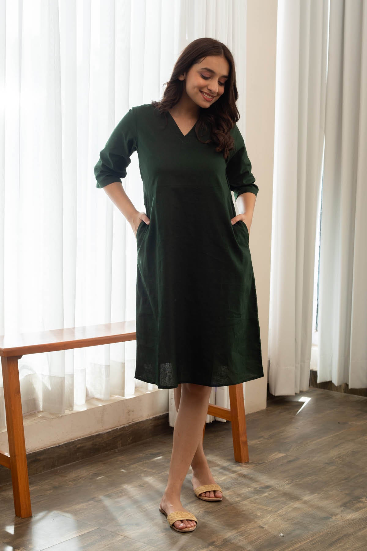 Inaya Cotton Linen A-line Dress - Deep Green