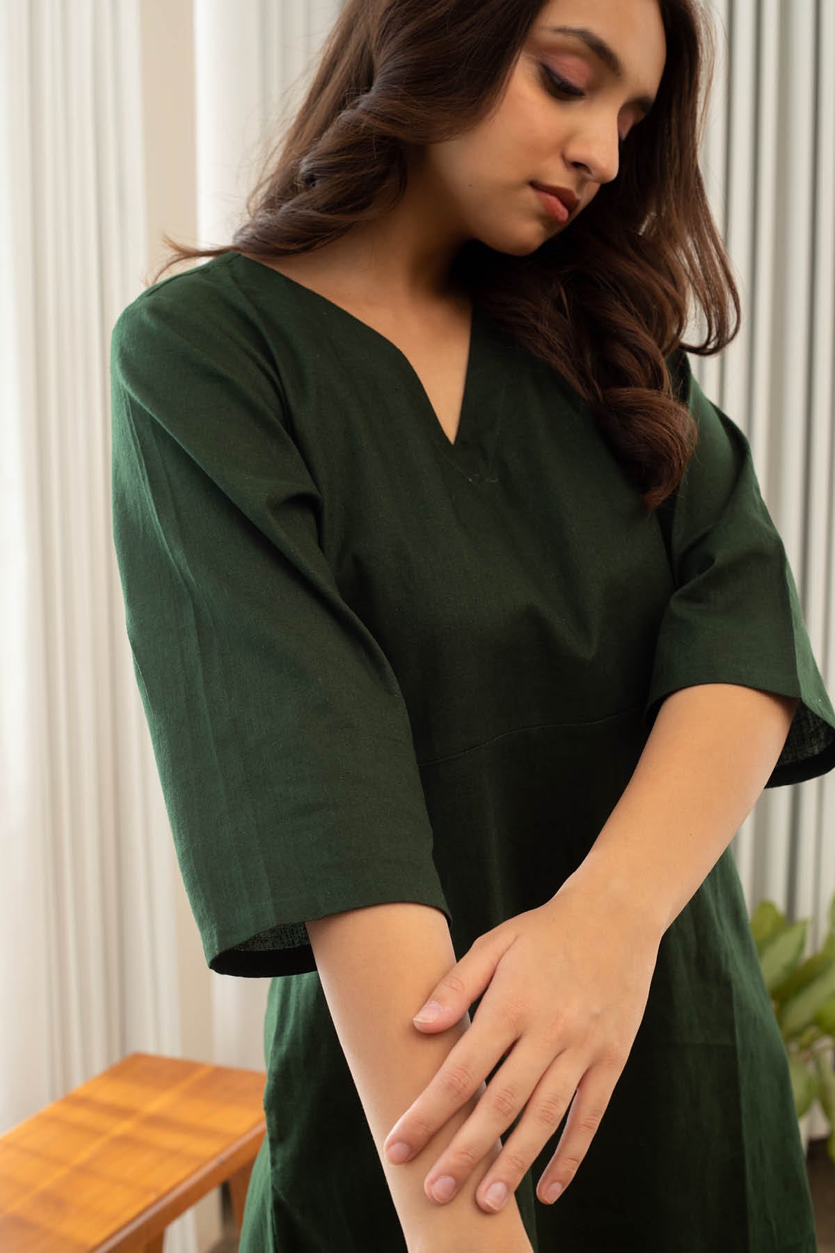 Inaya Cotton Linen A-line Dress - Deep Green