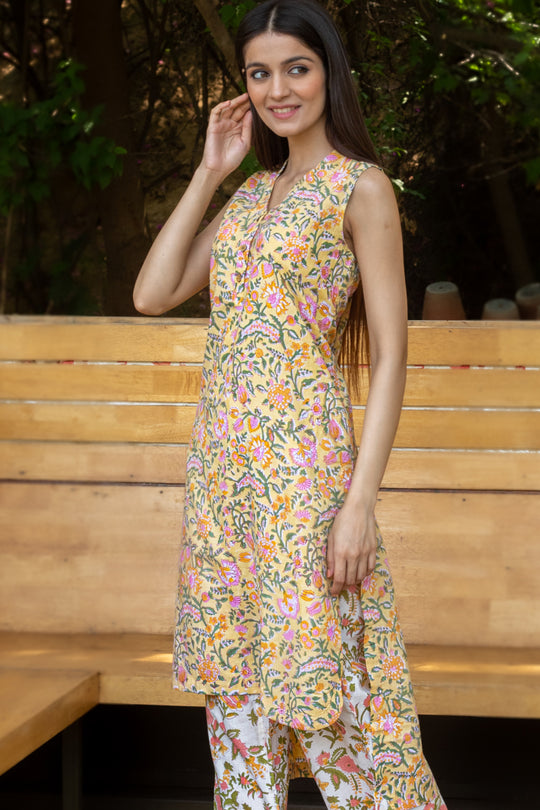 Ridhi Block Print Sleeveless Kurta - Yellow