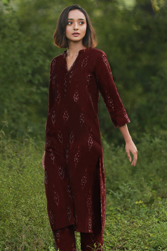 Jasmine Handloom Ikat Kurta - Maroon