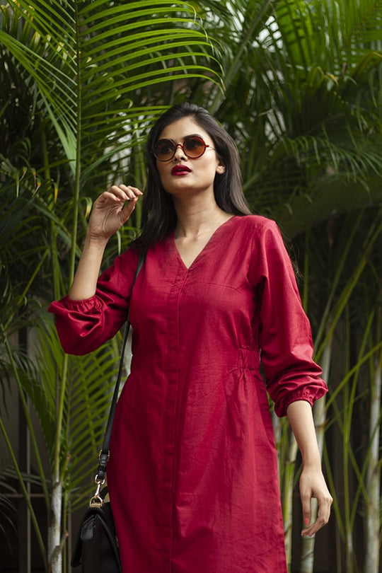 Scarlett Deep Red V-Neck Front Open Dress